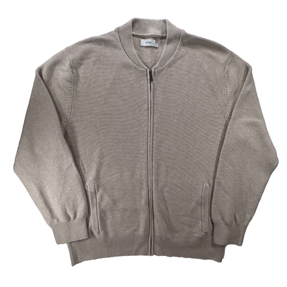 Jules Sweater Mens L Full Zip Cardigan‎ Beige Tan 100% Cotton Classic Knit